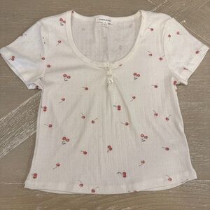 Pink Rose White Cherry Print Short Sleeve Tee